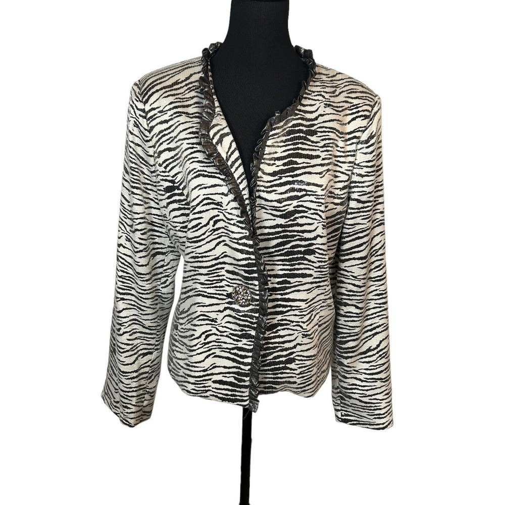 Moshita Couture Womens Evening Jacket 18 Black White Zebra Sequin Crystal Fancy